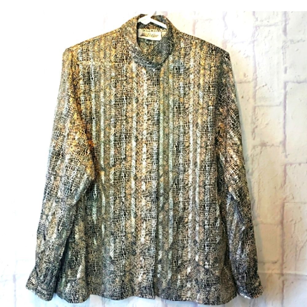 VINTAGE YVES ST. CLAIR Semi-sheer Animal Print Metallic Button-down Blouse 14